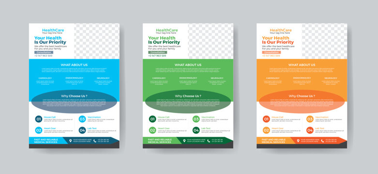 Corporate healthcare and medical cover and back page a4 flyer design template for print.
