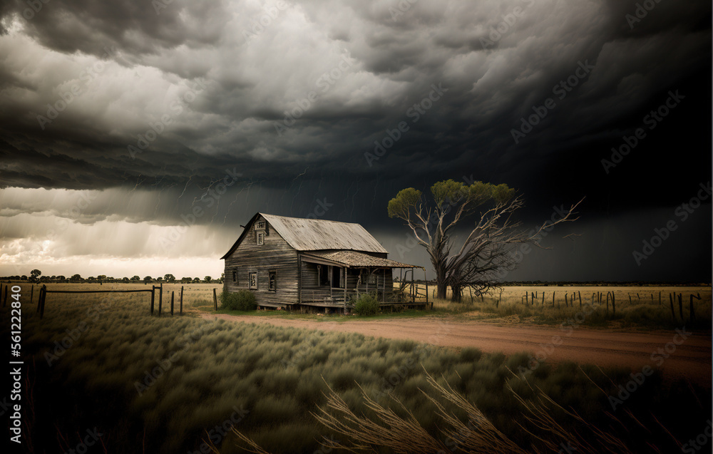Poster a house in a field with a storm coming in the background and a tree in the foreground with a dirt ro