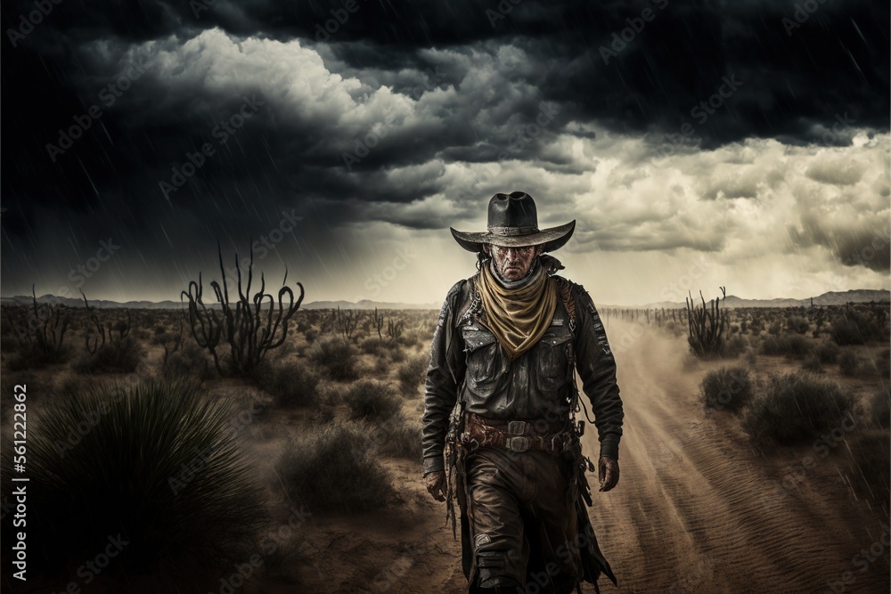 Poster a man in a cowboy hat and scarf walking in the desert under a cloudy sky with a cactus in the backgr