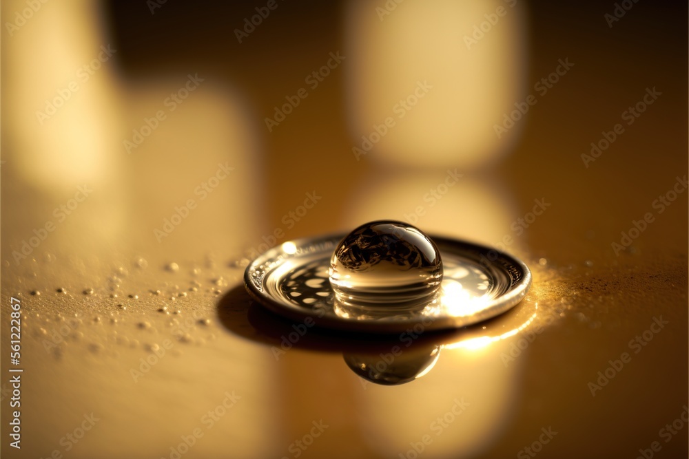 Poster a water droplet on a table with a yellow background and a brown background with a white square patte