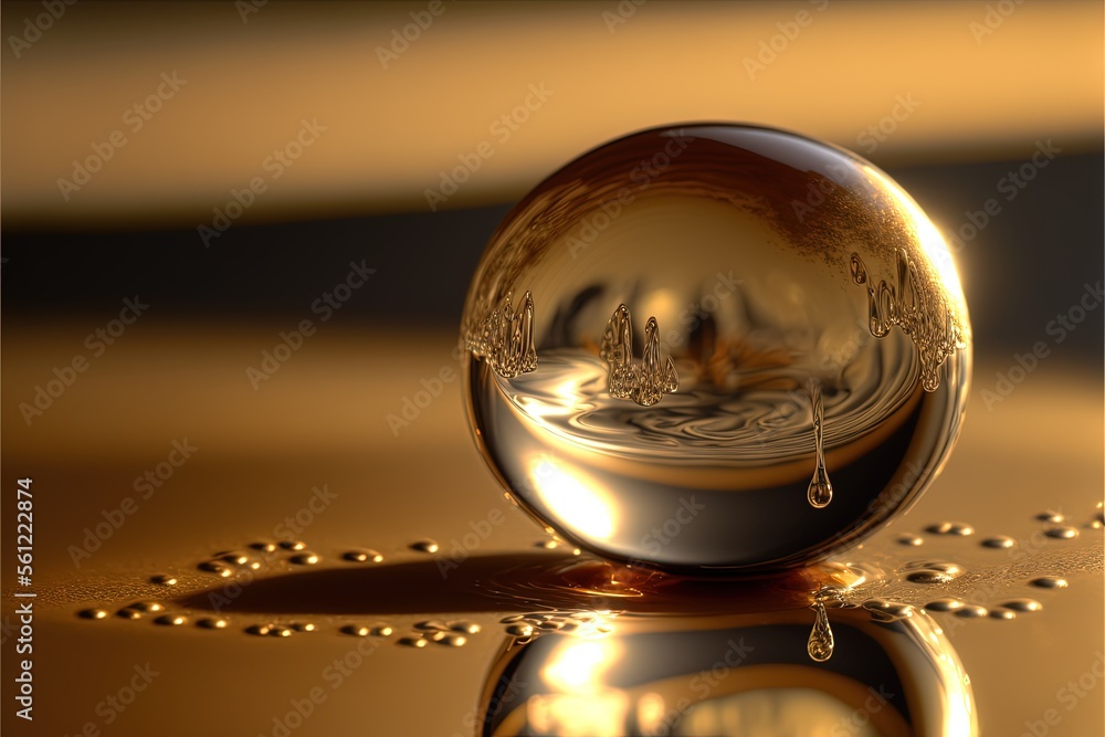 Poster a golden sphere with water droplets on a shiny surface with a chain of beads around it and a reflect