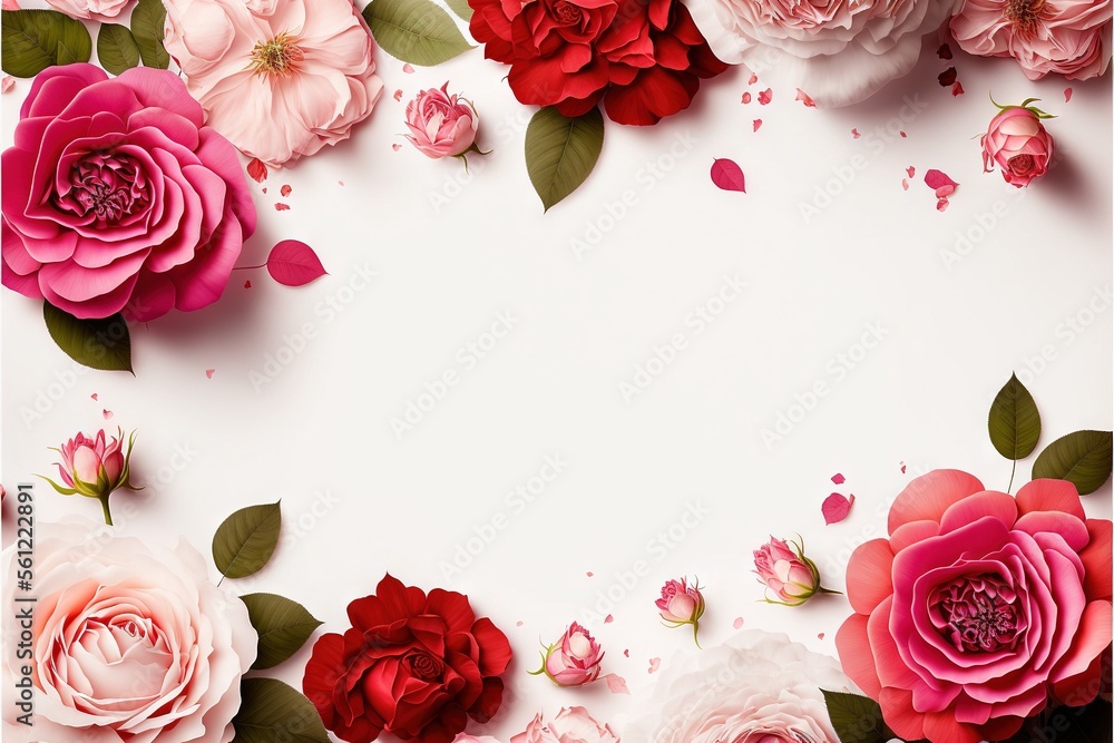 Poster a white background with pink and red flowers on it and a white background with pink and red flowers 