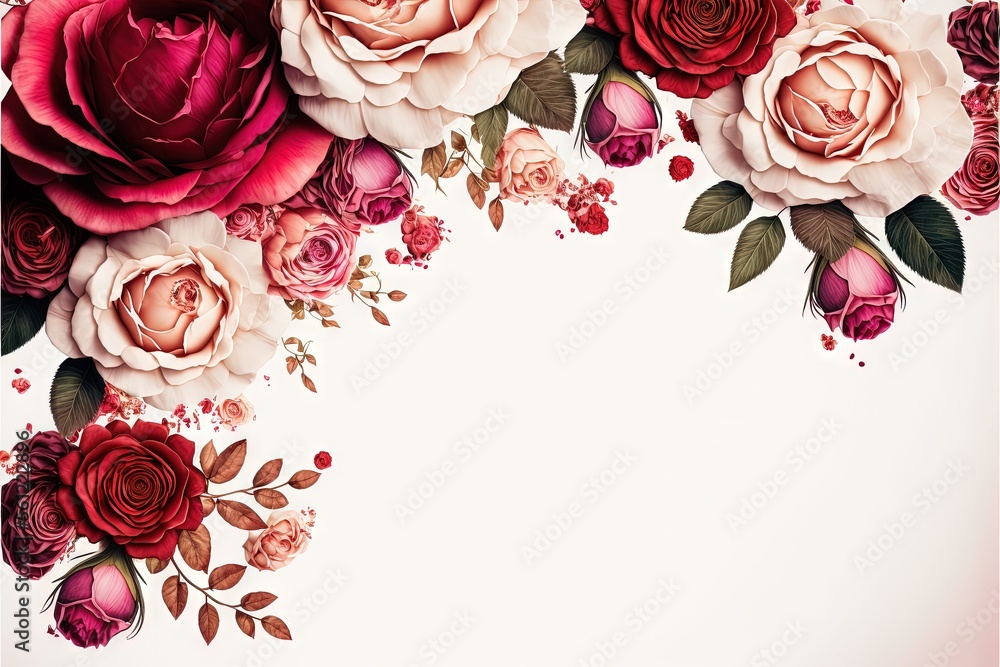 Poster  a white background with a bunch of flowers on it and a place for a text or a picture to put on it with a red and pink flowers on the bottom of the bottom right., generative ai