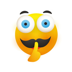 Shushing Serious Male Face with Mustache and Big Open Eyes Gesturing - Asking for Do Not Be Loud, Showing Make Silence Sign - Simple Emoticon for Instant Messaging on Transparent Background