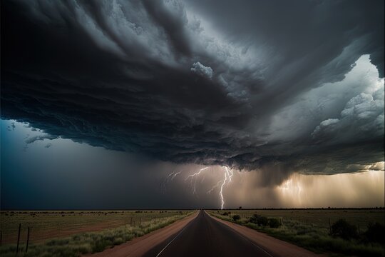  A Storm Is Coming Over A Road In The Middle Of Nowhere, With A Sky Full Of Lightning And A Road Sign In The Foreground With A Red Dirt Road And Grass Area In The Foreground.