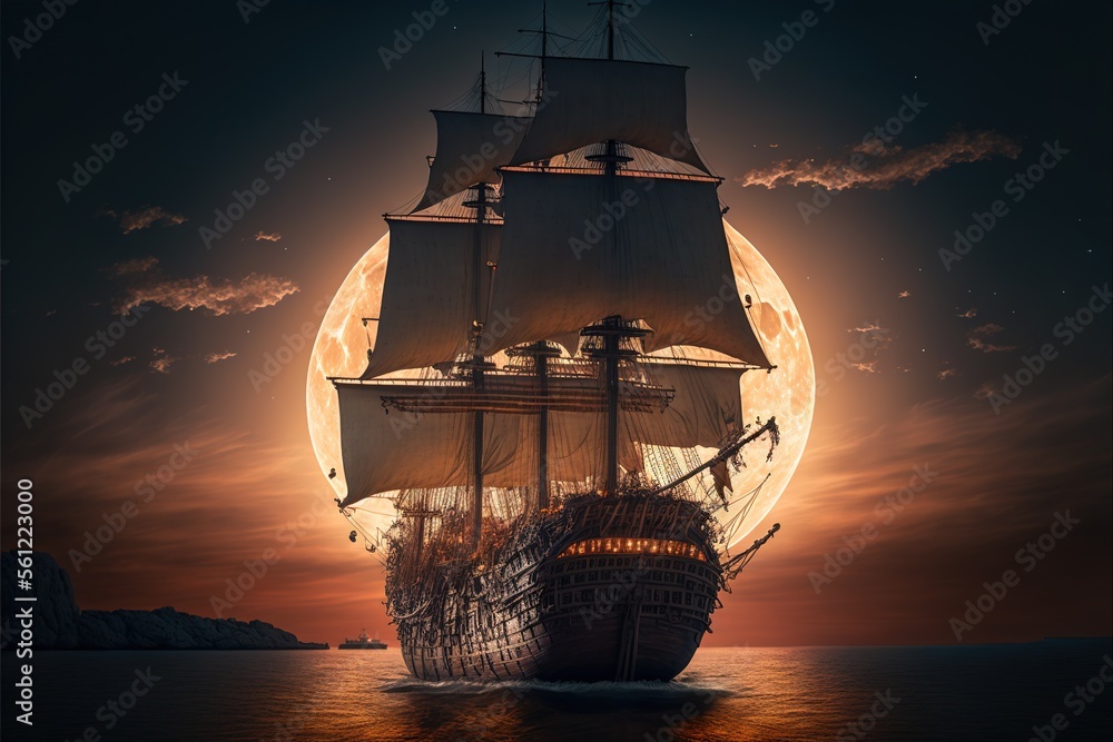 Poster a ship sailing on the ocean at night with a full moon in the background and clouds in the sky above 