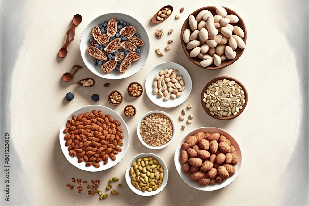 Poster a variety of nuts in bowls on a table top with spoons and spoons next to them on a white surface wit