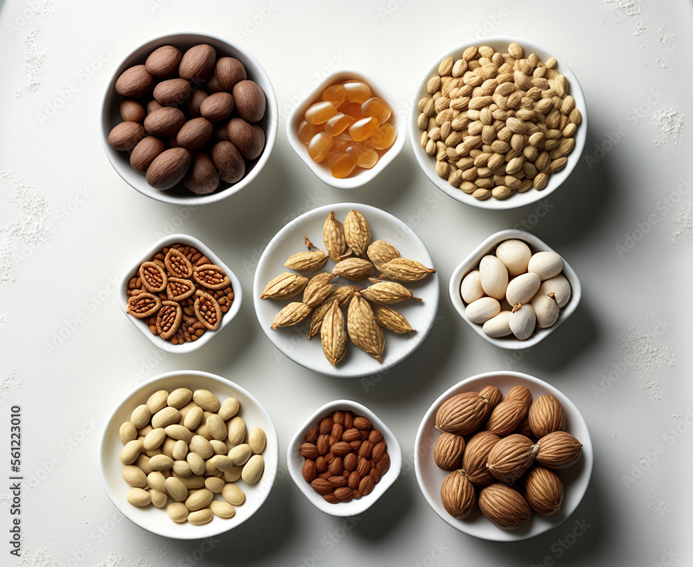 Poster a variety of nuts in small bowls on a white surface with a white background and a white plate with a
