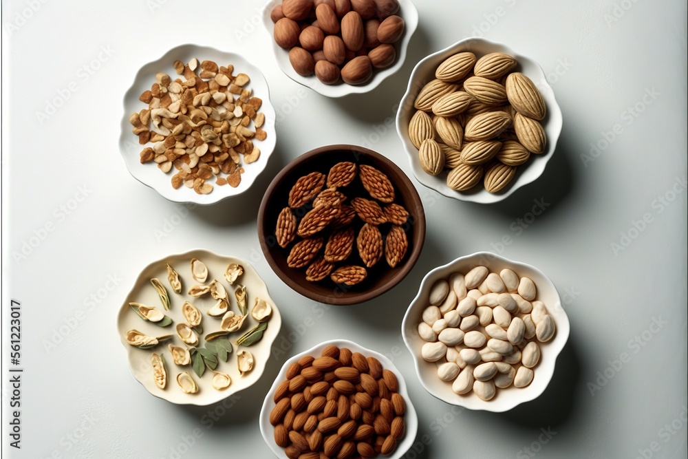 Poster a variety of nuts in bowls on a table top with a white background and a white table cloth with a whi