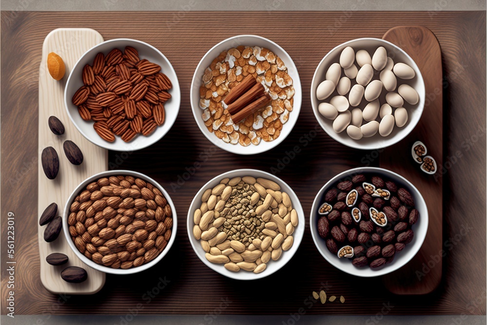 Poster a wooden tray topped with bowls of different types of nuts and nutshells on top of a wooden table to