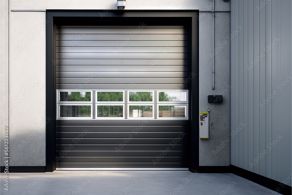 Aufkleber a garage door with a window and a light on it's side of the building that has a parking meter on the