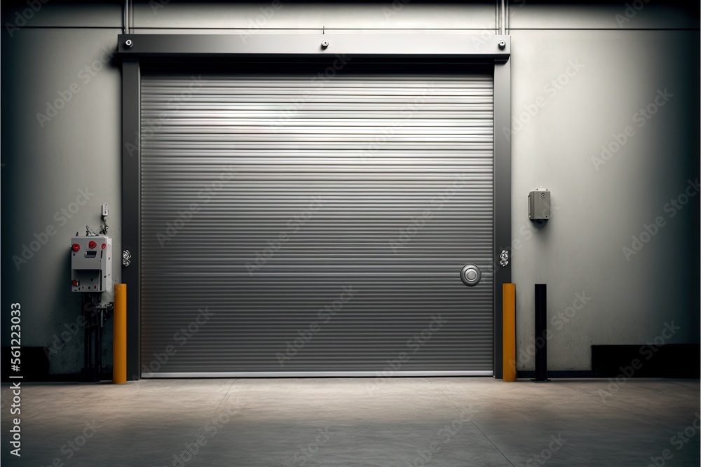 Poster a garage door with a yellow pole in front of it and a parking meter in front of it on a concrete flo