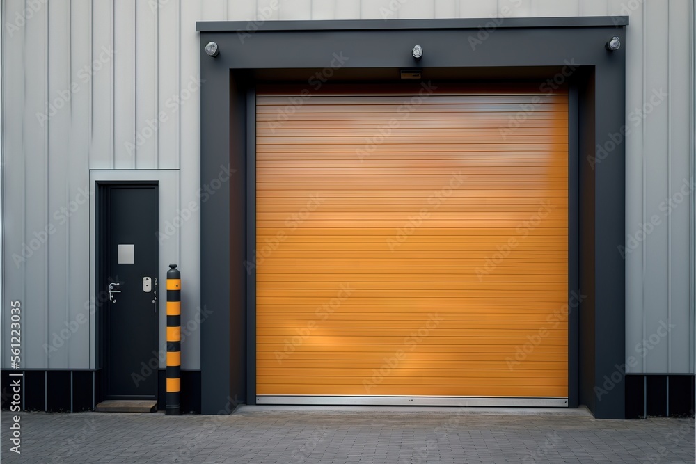 Aufkleber a yellow garage door is open in front of a building with a black door and a black pole with a light 