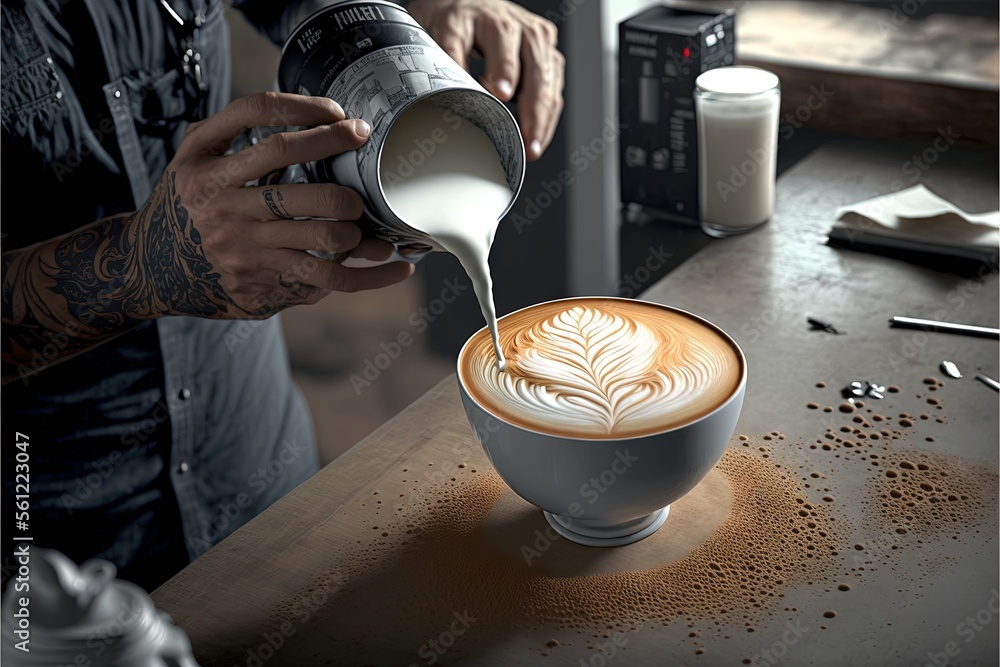 Poster a man pouring milk into a cup of coffee on a table with a spoon and a spoon rest on the table next t