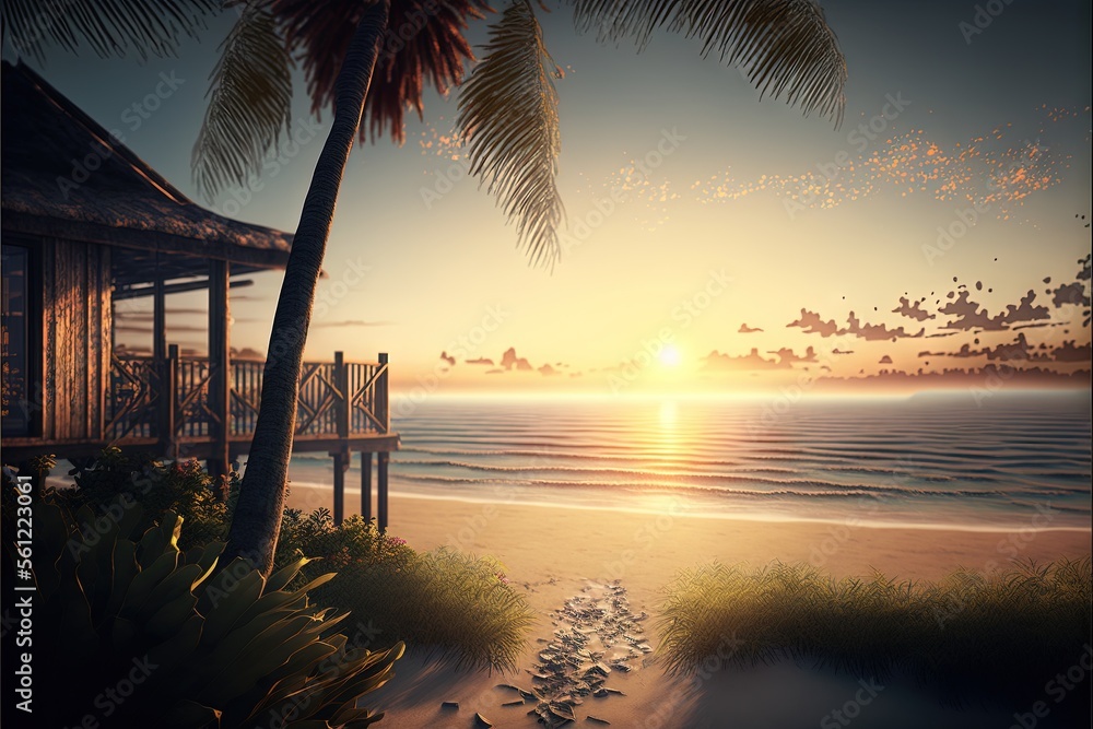 Poster a painting of a sunset on a beach with a hut and palm trees in the foreground and a path leading to 