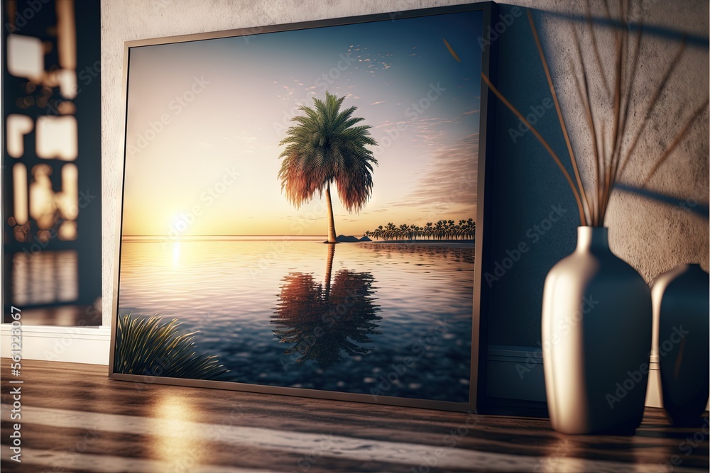Aufkleber a picture of a palm tree in a room with a vase and a painting on the wall behind it that is reflecti
