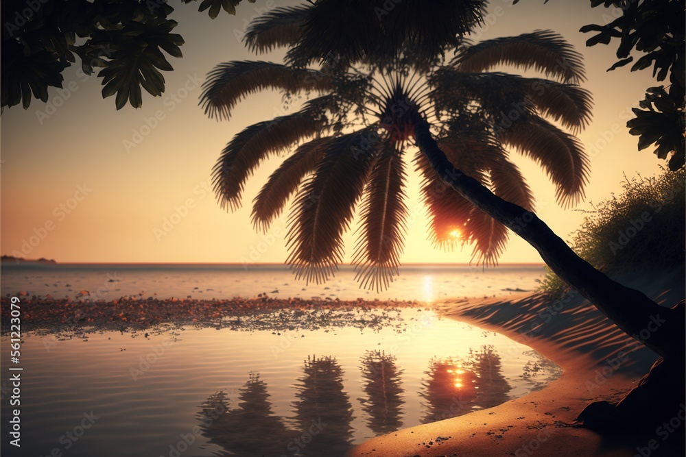 Poster a palm tree is shown in front of a sunset on the beach with a reflection of the sun in the water and