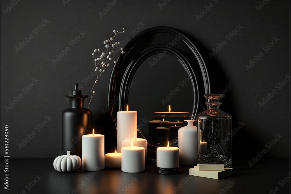 Aufkleber a black table with candles and a mirror on it and a candle holder with a candle in it and a vase wit