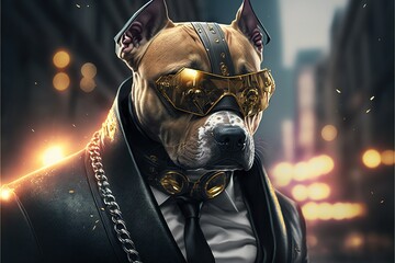 Pitbull in three-piece suits and leather jackets with golden VR sunglasses. sunglasses. futuristic animal. modern world. Generative AI