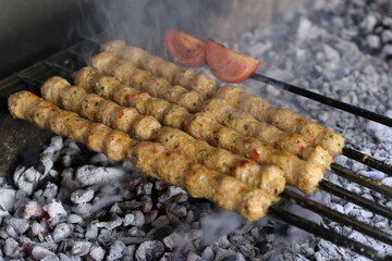 Chicken Meat Grilling on Fire  Shish Kebab Stock Photos