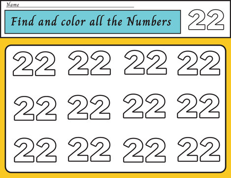 Number twenty-two coloring practice worksheet for kids learning to count and write. Vector Illustration.