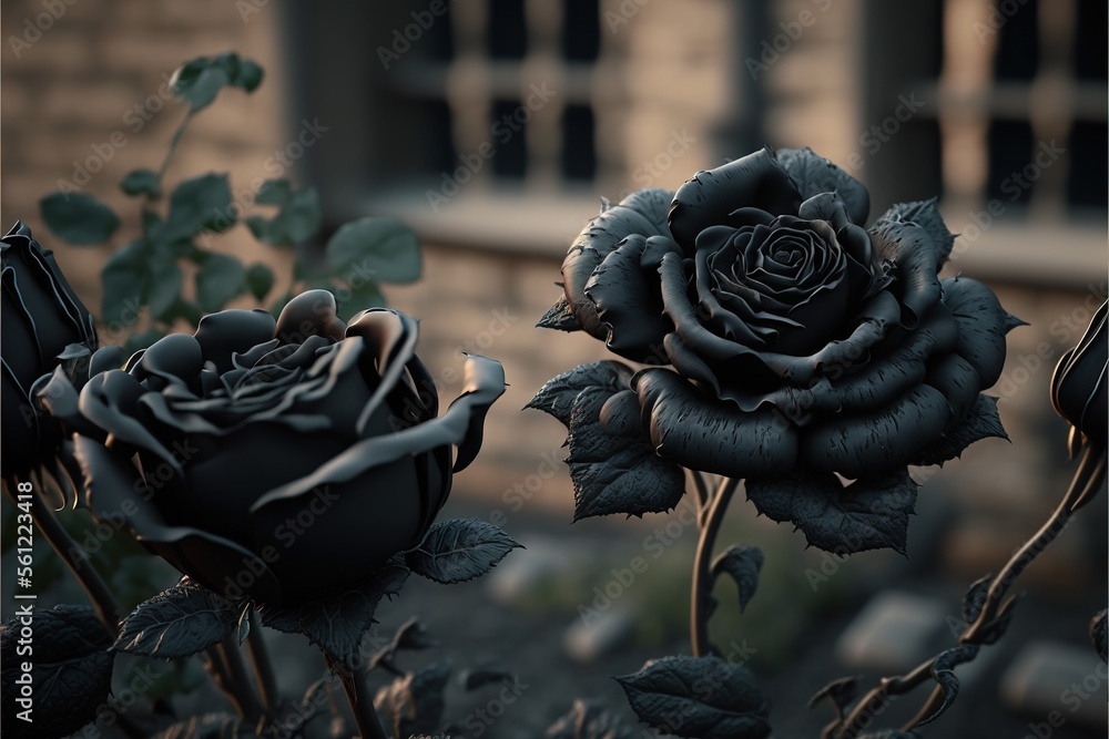 Poster a black rose is in a garden with other flowers in front of a building and a window in the background