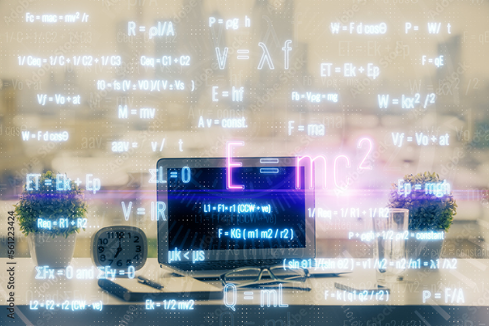 Poster desktop computer background and formula hologram writing. double exposure. education concept.