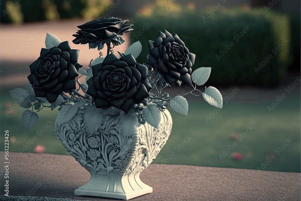 Poster a vase with three roses in it on a table outside in the sun light, with a green lawn behind it and a