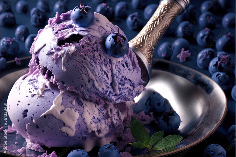 Poster a plate with a scoop of ice cream and blueberries on it with a gold spoon in it and a blue backgroun