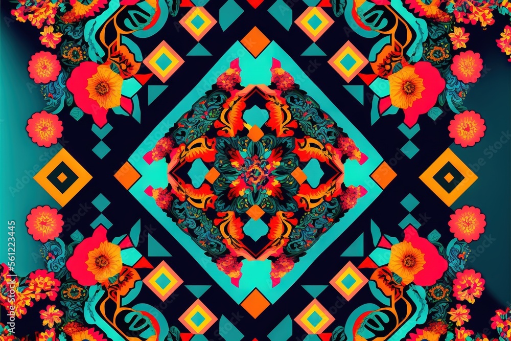 Aufkleber a colorful, abstract design with a blue background and a red flower on the center of the picture is 