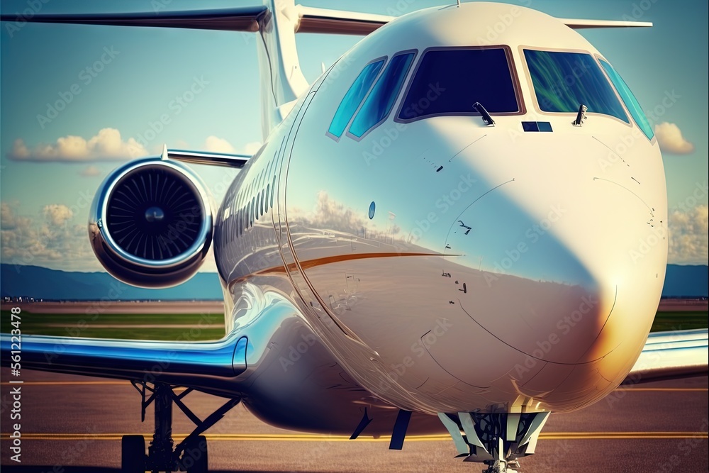 Poster a large jetliner sitting on top of an airport tarmac with a sky background and clouds in the backgro
