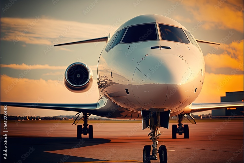 Poster a large jetliner sitting on top of an airport tarmac at sunset with clouds in the background and a y