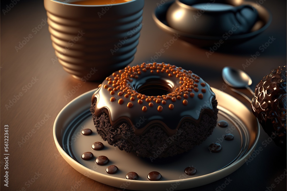Aufkleber a chocolate donut sitting on a plate next to a cup of coffee and spoons on a table top with a saucer