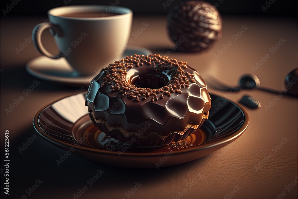 Poster a chocolate donut on a plate next to a cup of coffee and spoons on a table with a spoon and spoon re