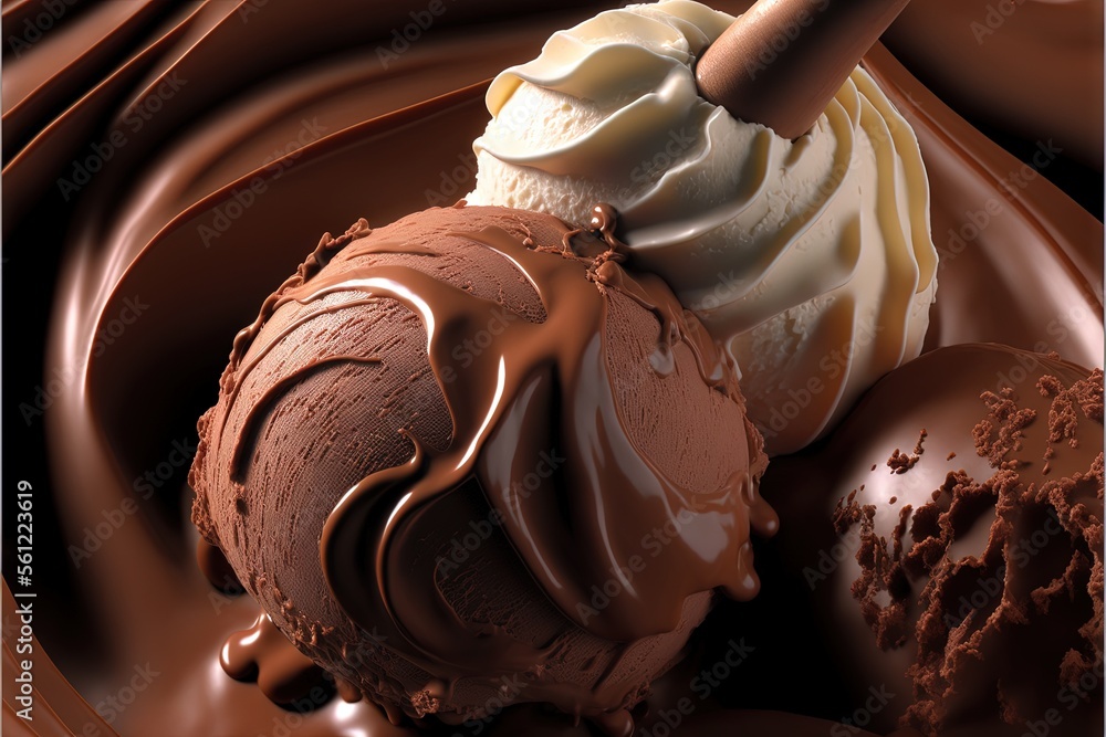 Poster a chocolate ice cream sundae with a chocolate swirl on top of it and a chocolate spoon in the middle