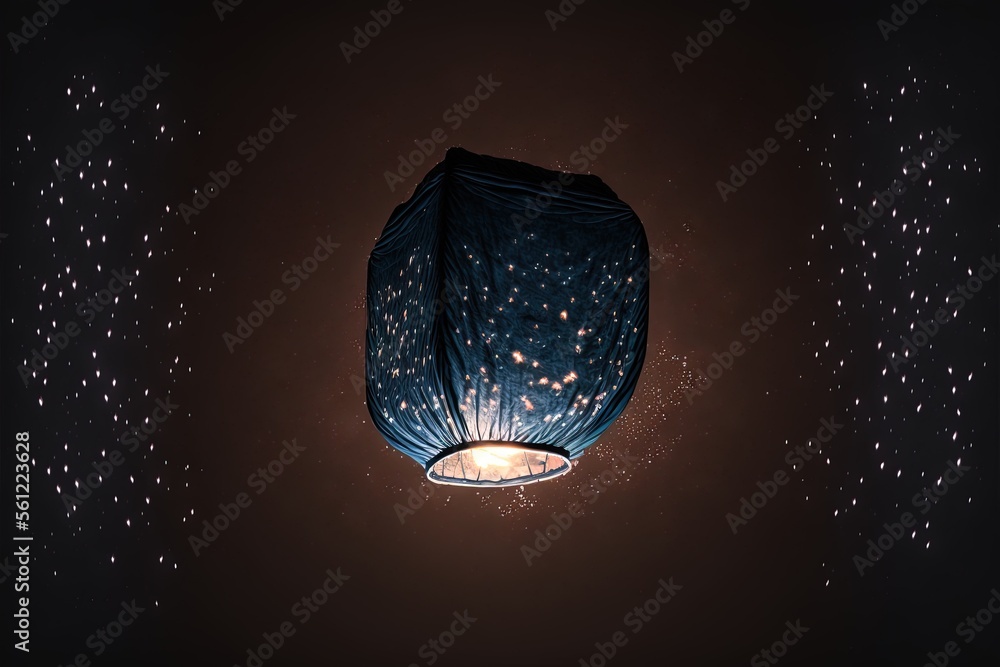 Poster a blue lantern is lit up in the dark sky with stars on it and a light on the ceiling below it is a d