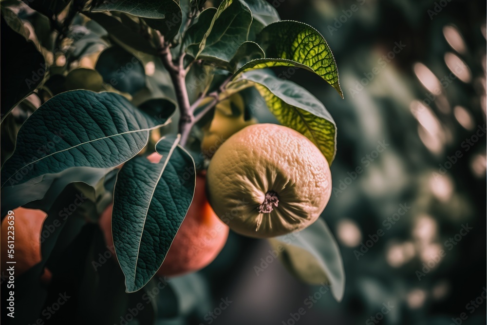 Poster a close up of a tree with oranges and leaves on it's branches and a green leafy branch with a few or