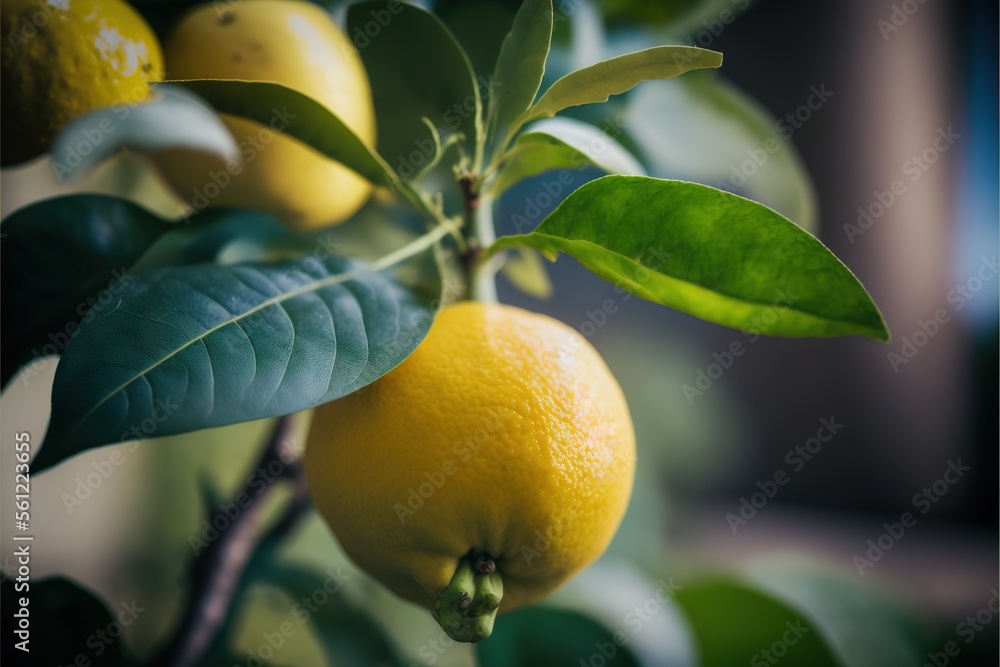 Poster a branch with two lemons and green leaves on it, with a window in the background, and a window sill 