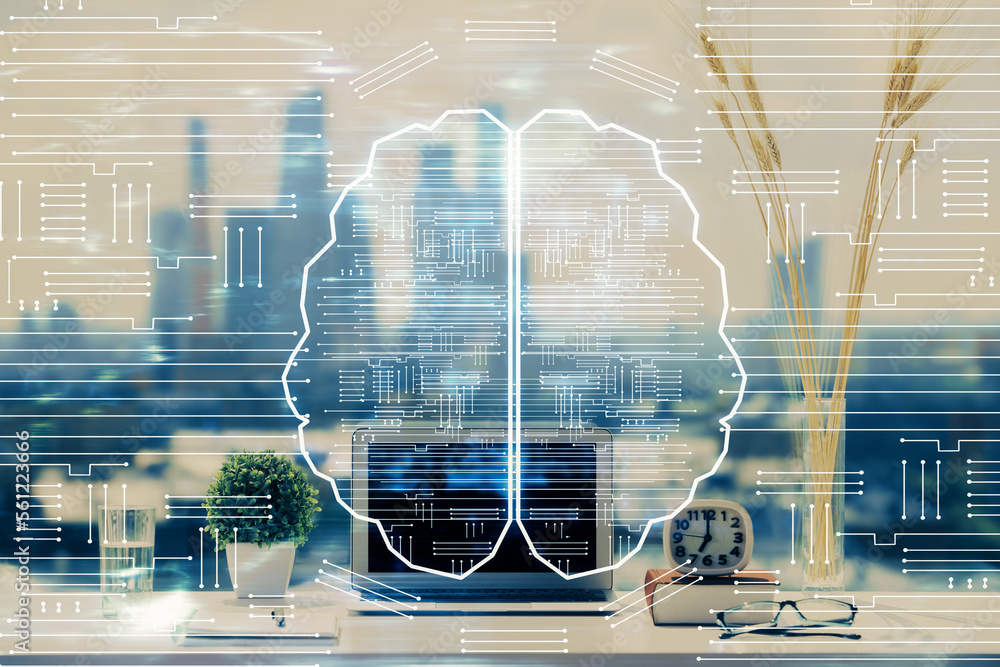 Poster Double exposure of desktop with computer and brain drawing hologram. Artificial intelligence concept.