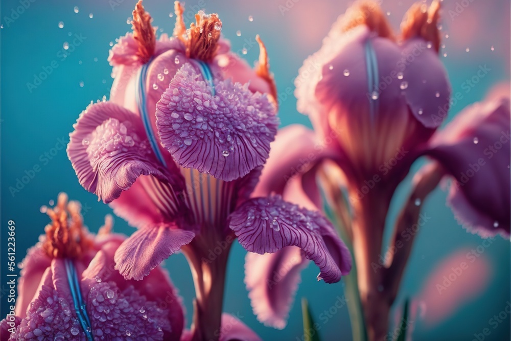 Poster a close up of a bunch of flowers with water droplets on them and a blue background with a pink backg