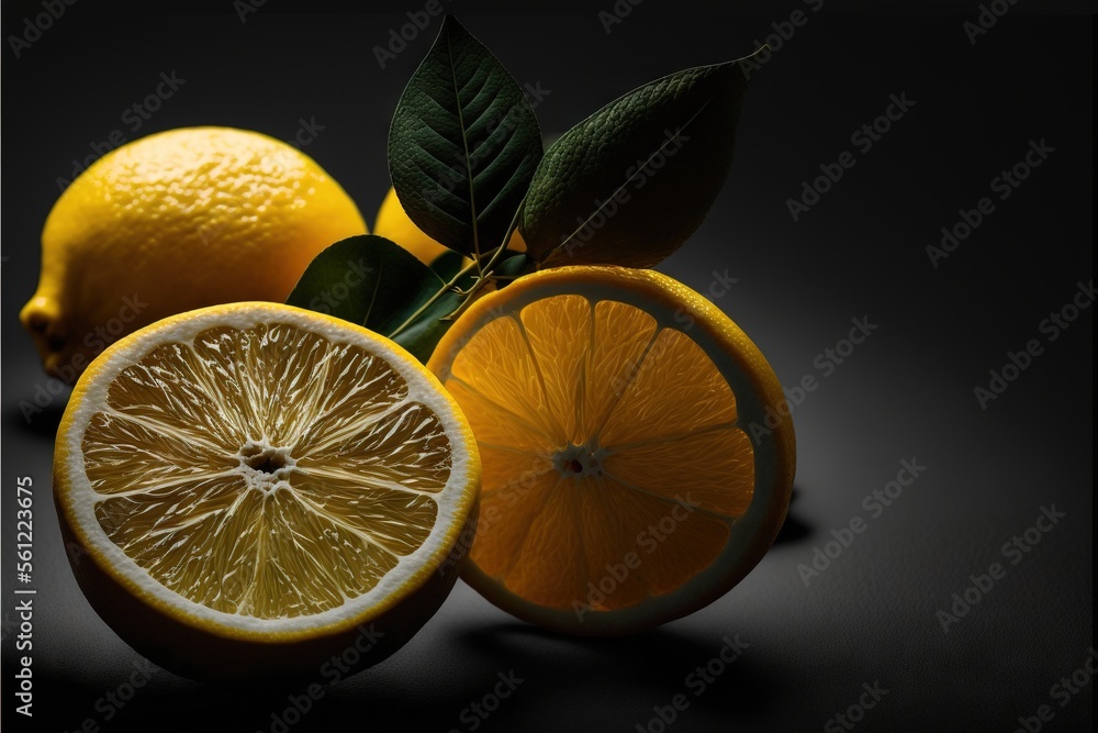 Poster a group of lemons with one cut in half and the other half sliced in half with leaves on a black back