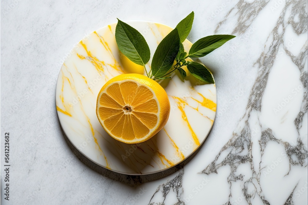 Poster a marble plate with a lemon and a green leaf on it on a marble table top with a marble pattern and a