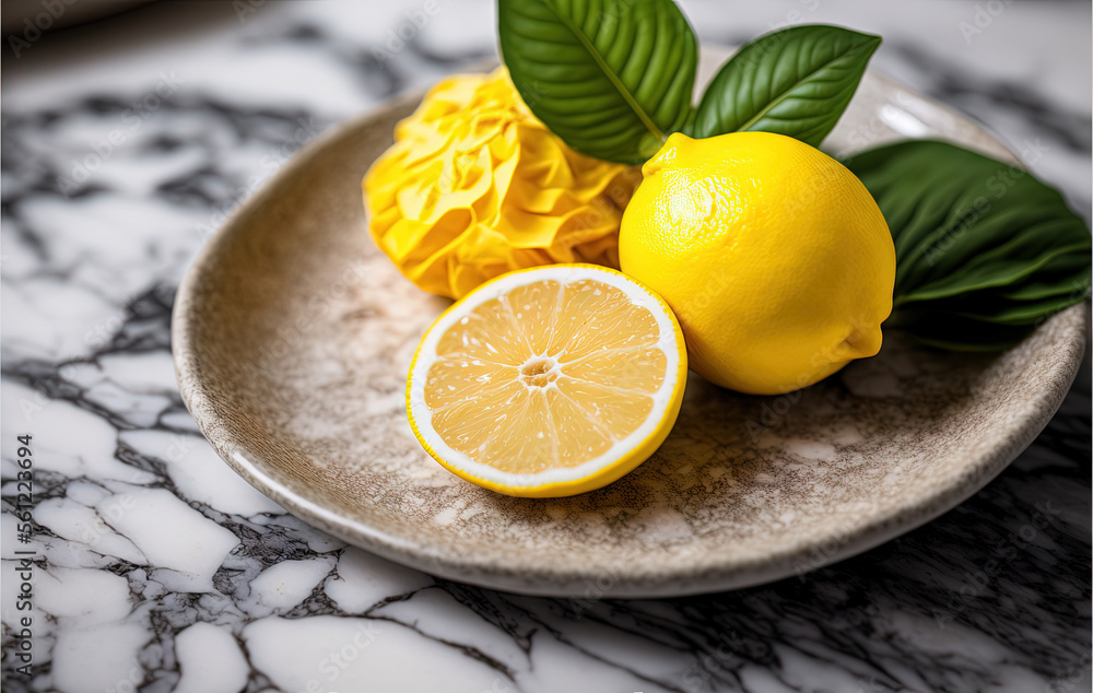 Poster a plate with a lemon and a cut in half lemon on it with a green leaf on top of it and a lemon on the