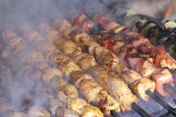 Grilling Meat and Tomatoes on Fire  Cooking Photos Stock