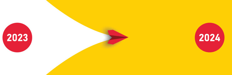 Red airplane flying from Year 2023 to Year 2024.Business creativity new idea discovery innovation technology.New year idea concept.