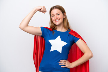 Young caucasian woman isolated on white background in superhero costume and doing strong gesture