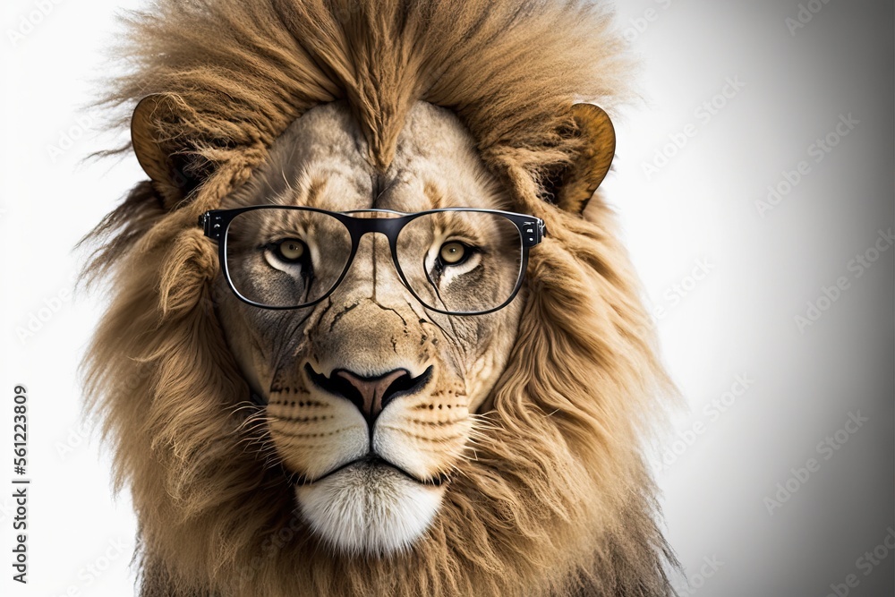 Poster  a lion wearing glasses and a wig with a white background is shown in the foreground of this image, the image is of a lion with a white background and a gray background is a., generative ai