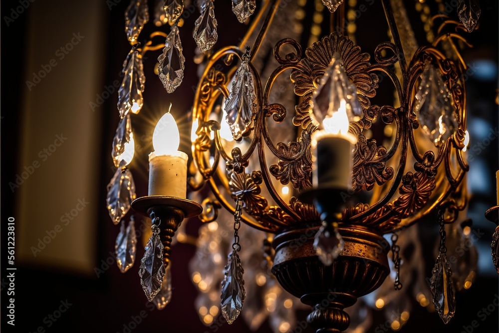 Poster a chandelier with two candles lit inside of it, with a dark background and a window in the backgroun