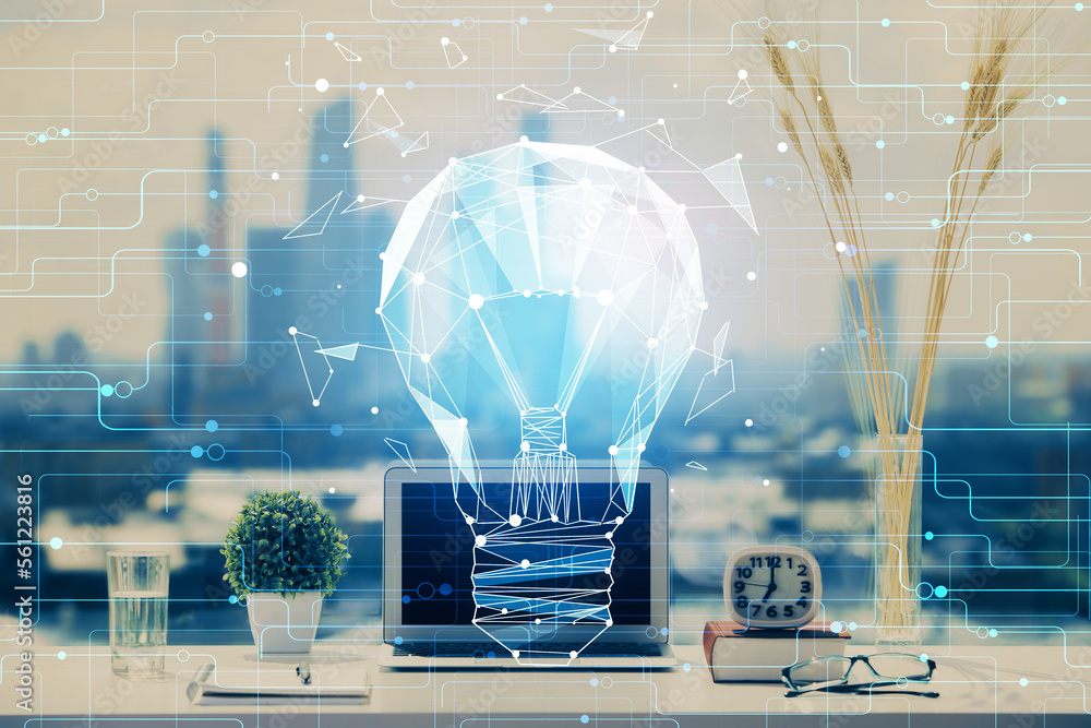 Aufkleber computer on desktop in office with bulb icon hologram. double exposure. concept of idea.