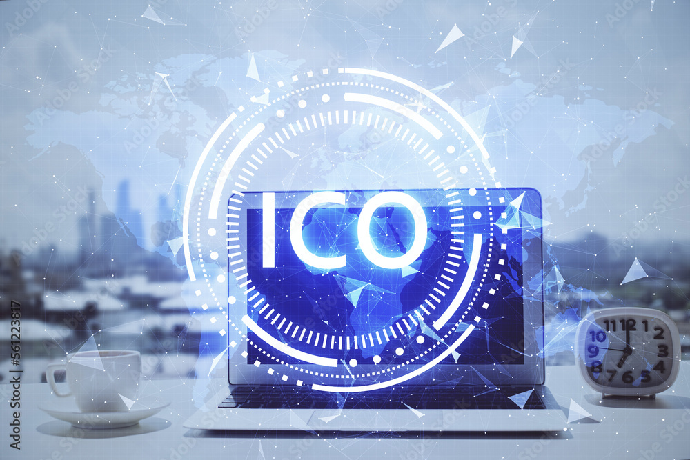 Poster Double exposure of blockchain and crypto economy theme hologram and table with computer background. Concept of bitcoin cryptocurrency.